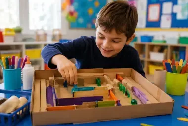 Child Building a Cardboard Marble Maze