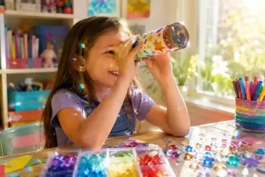 Child looking through a homemade kaleidoscope