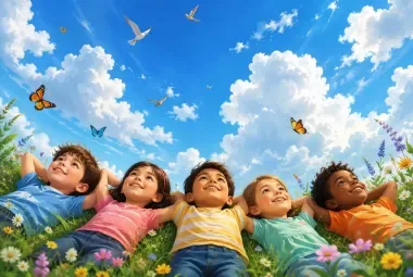 Children Looking Up at a Bright Blue Sky