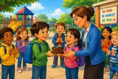 Children returning a lost wallet at school