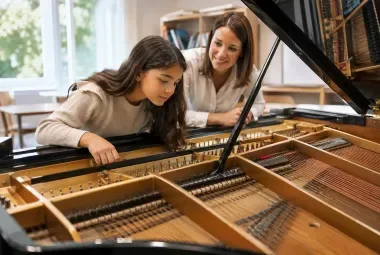 Curious preteen exploring the inside of a grand piano