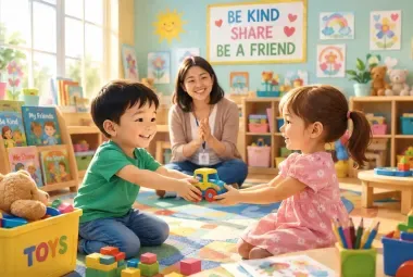 Happy child returning a lost toy to a friend