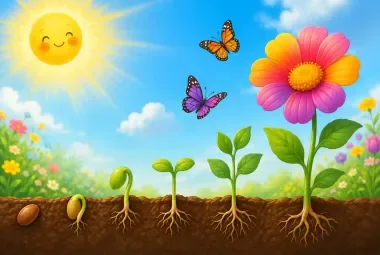 Happy little seed growing into a colorful flower under bright sunshine