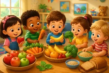 Happy young children exploring healthy foods