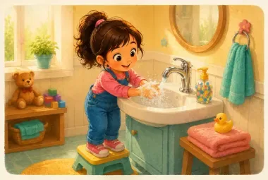 Little Girl Happily Washing Her Bubbly Hands