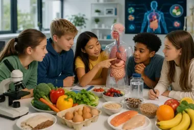 Older kids learning about healthy food science
