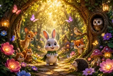 Tiny Bunny Standing Before an Enchanted Forest