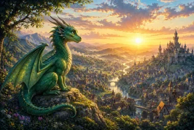 Young Dragon Looking Across a Quiet Kingdom