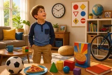 Young shape detective discovering shapes at home