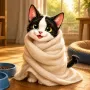 Chiki the tuxedo kitten after his first warm bath