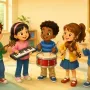 Children comparing different musical instruments in music class