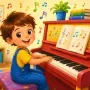 Happy child playing a colorful piano for the first time