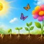 Happy little seed growing into a colorful flower under bright sunshine