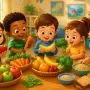 Happy young children exploring healthy foods
