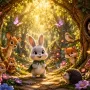 Tiny Bunny Standing Before an Enchanted Forest