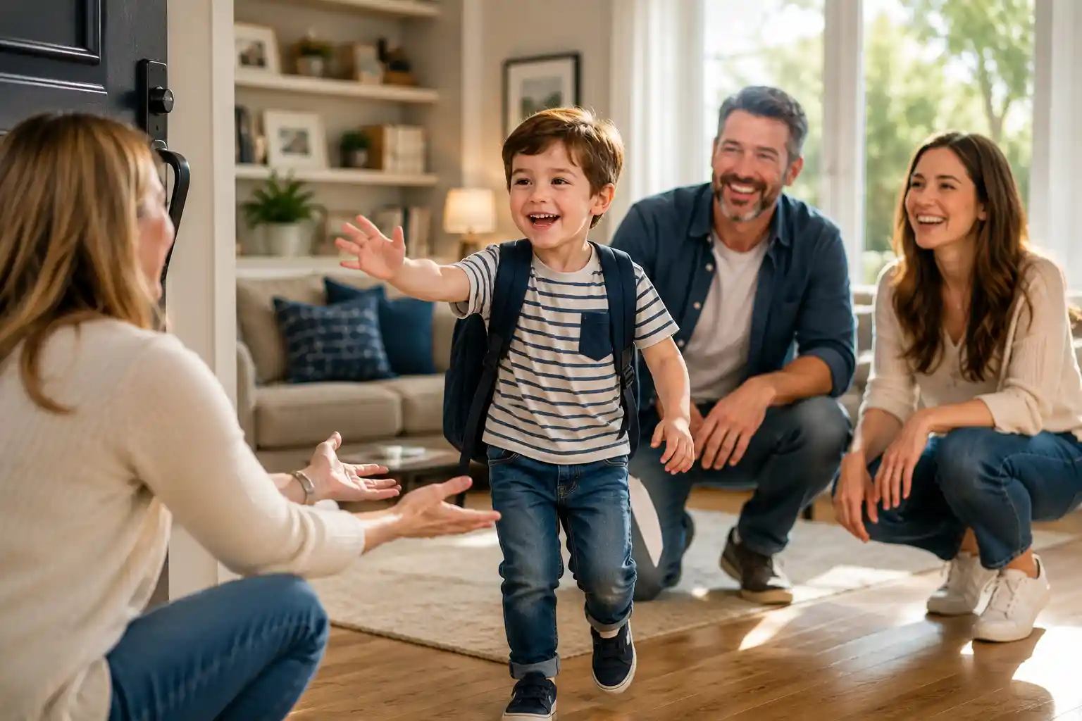 Cheerful child greeting family
