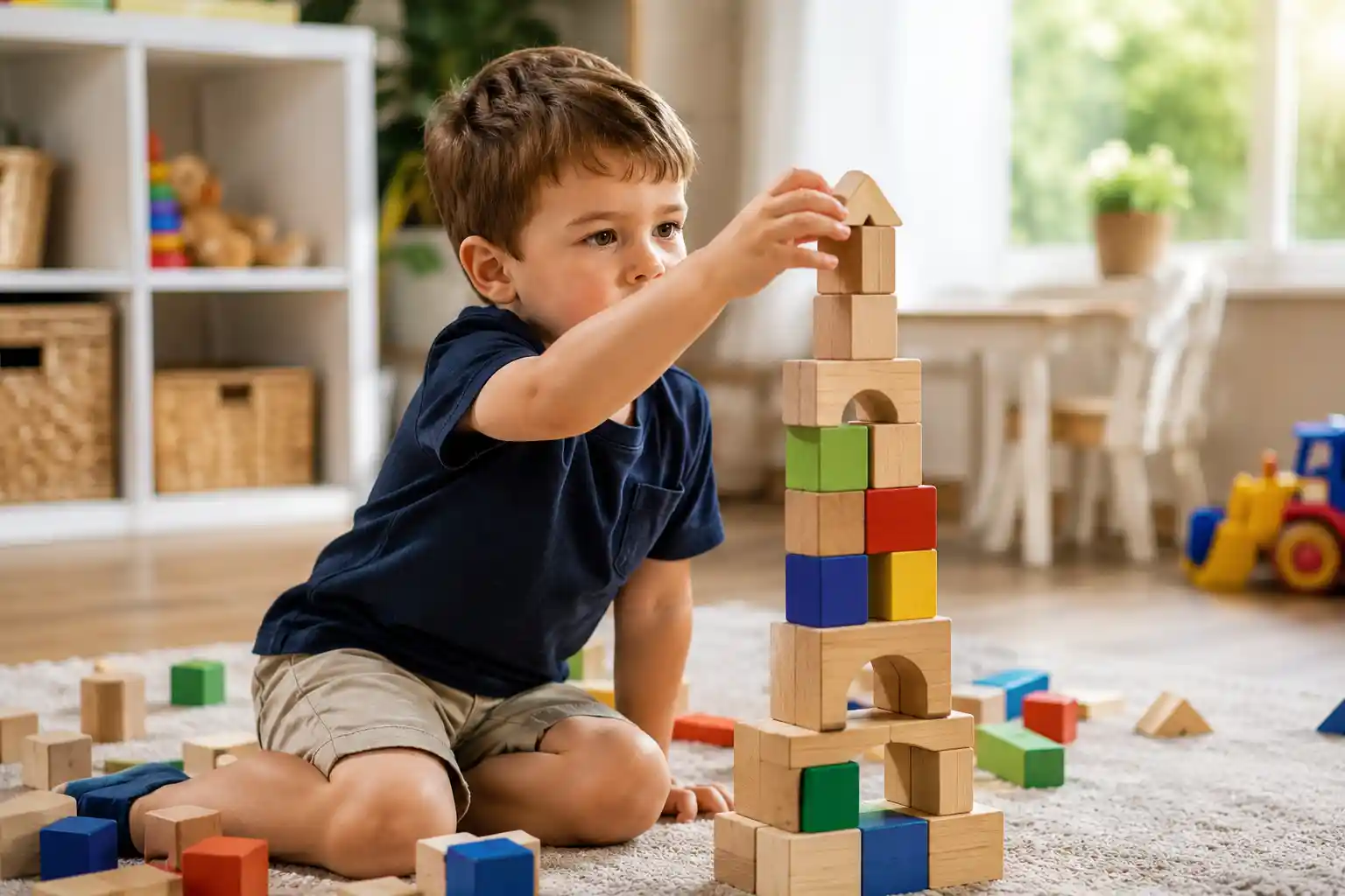 Child building a sturdy block tower
