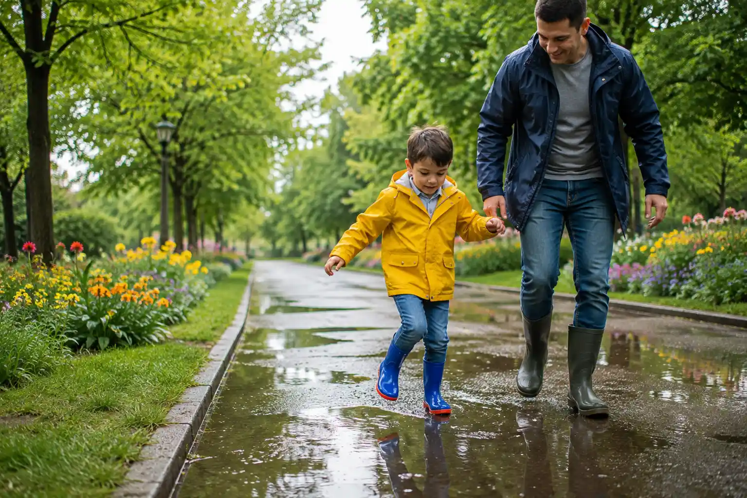 Child carefully walking on a slippery wet path