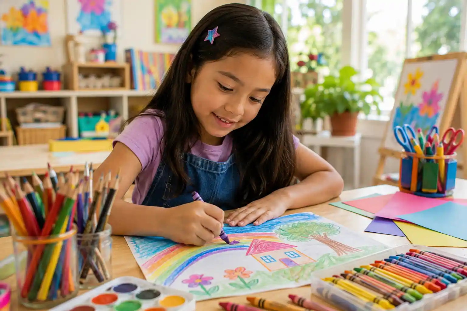 Child creating colorful artwork with crayons