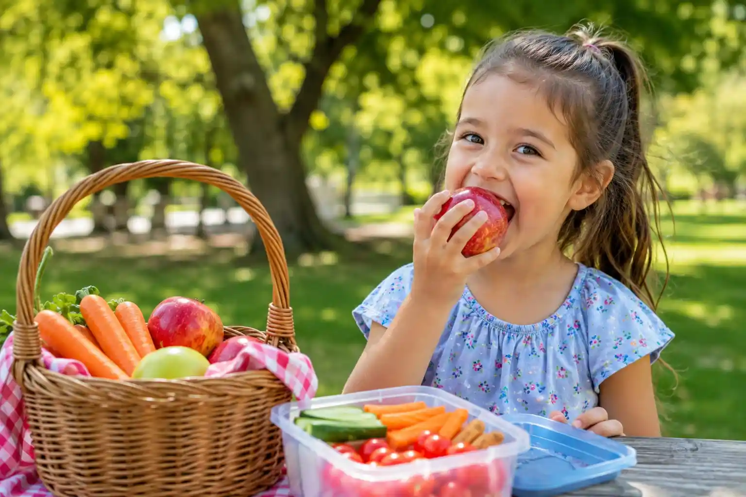 Child eating a crunchy red apple