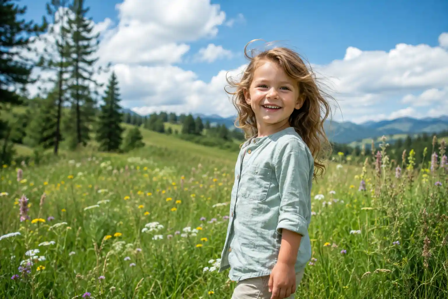Child enjoying a gentle breeze in a meadow