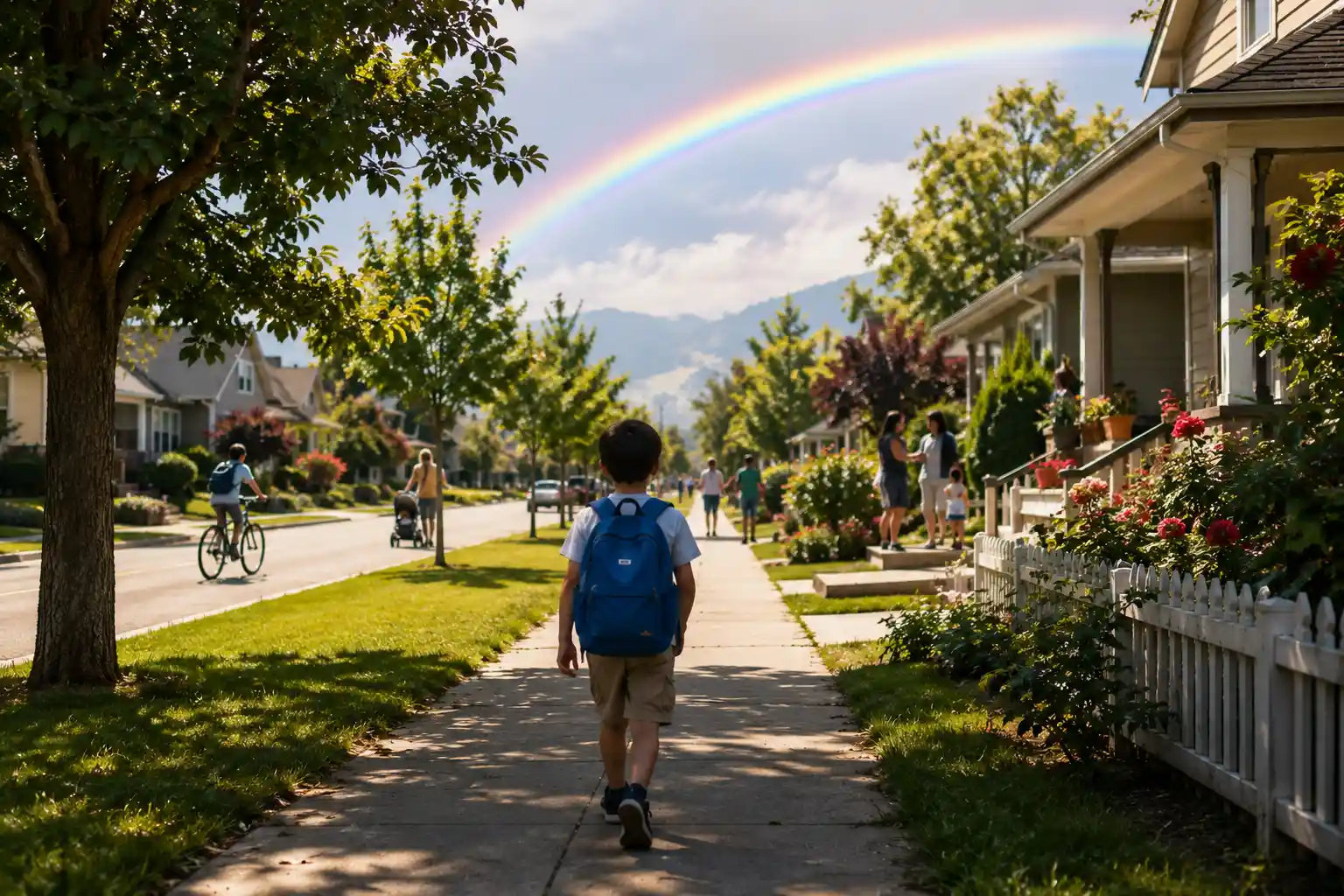 Child enjoying an ordinary day with a rainbow