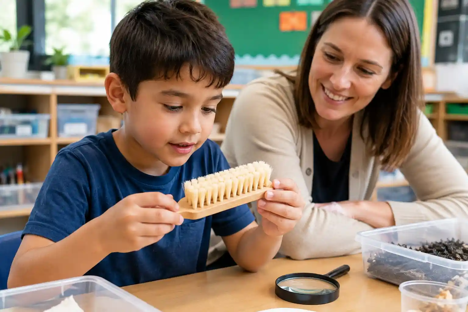 Child examining the bristles of a brush