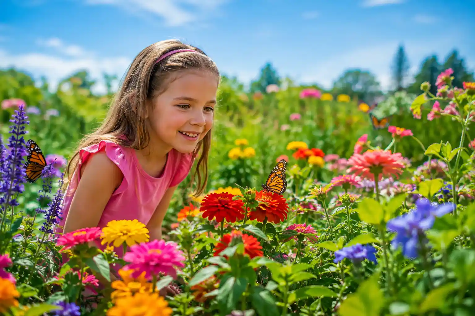 Child exploring a colorful flower garden