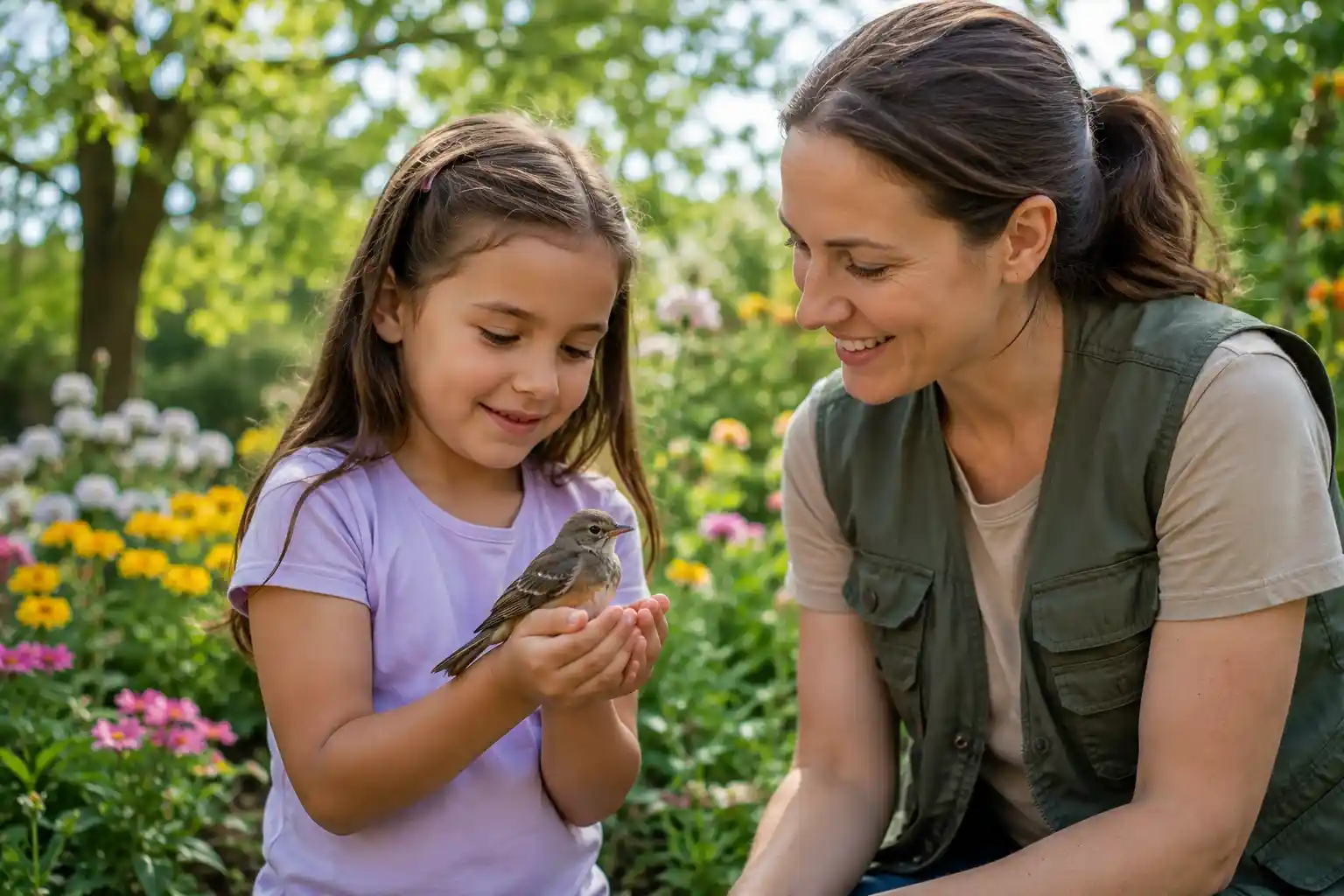Child gently caring for a small bird
