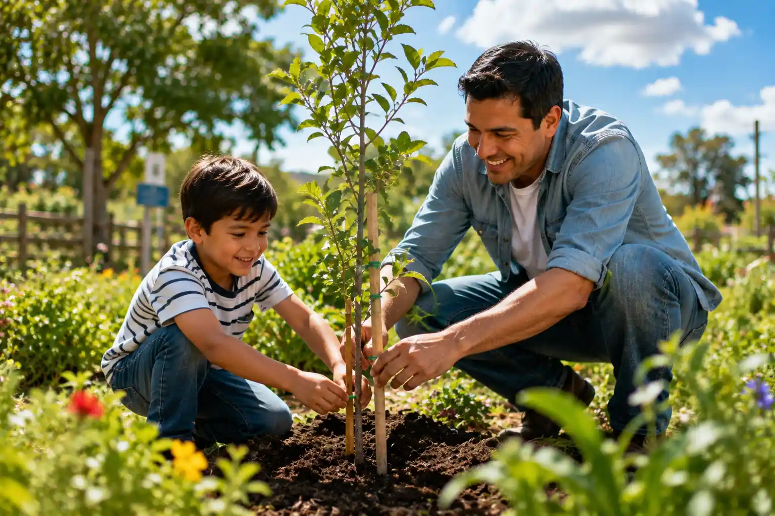 Child helping protect a young tree