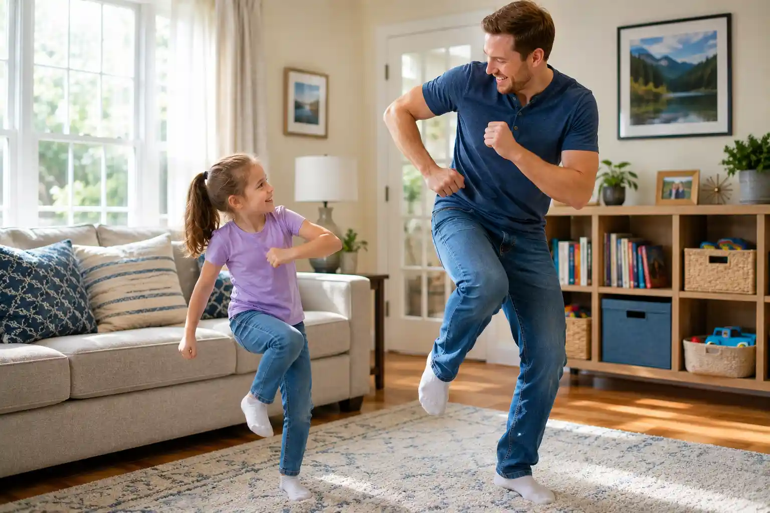 Child imitating a parent's dance movement