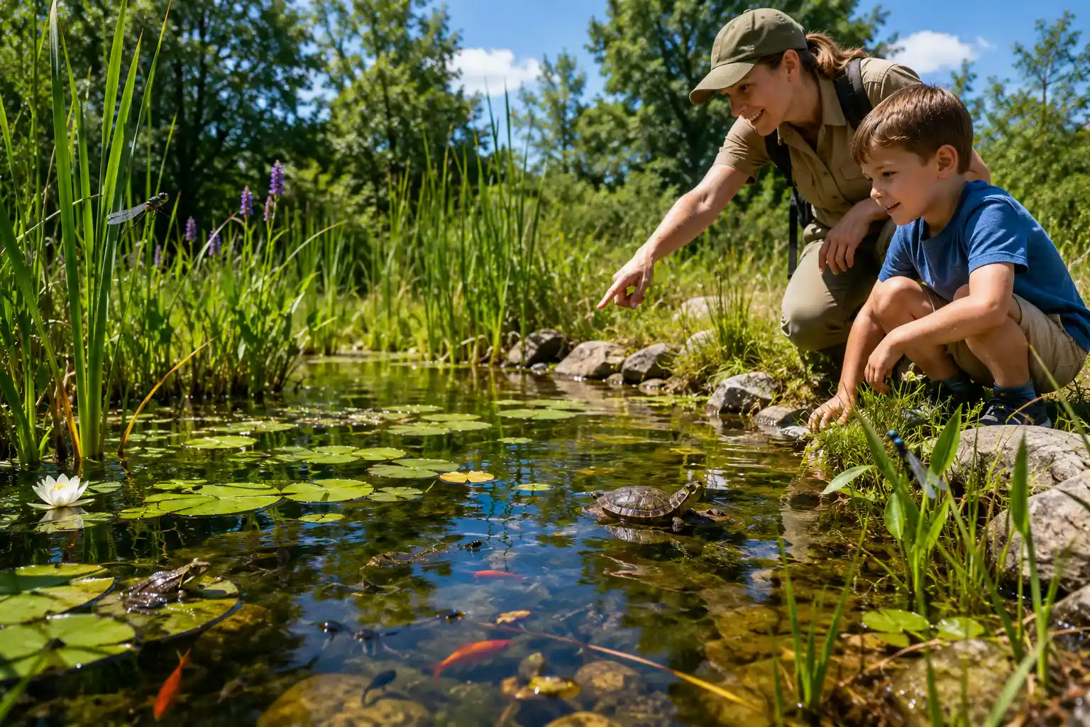 Child learning about a pond habitat