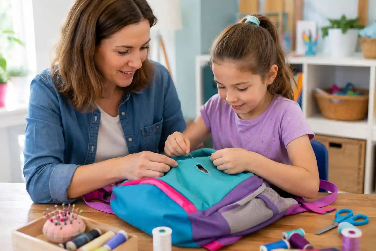 Child learning to mend a torn backpack