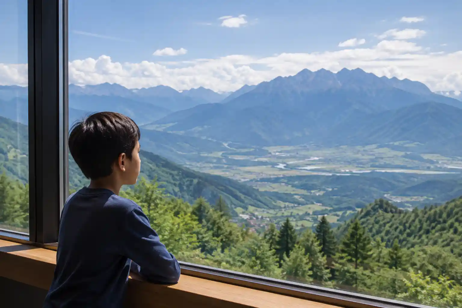 Child looking at distant mountains