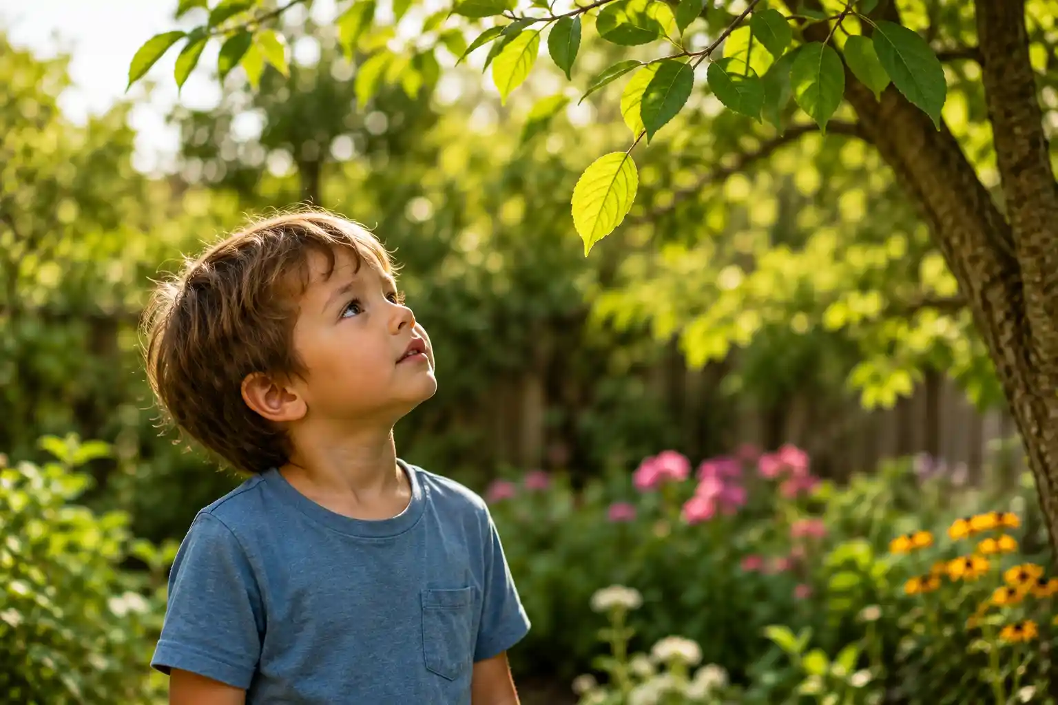Child observing a leaf quivering in the breeze