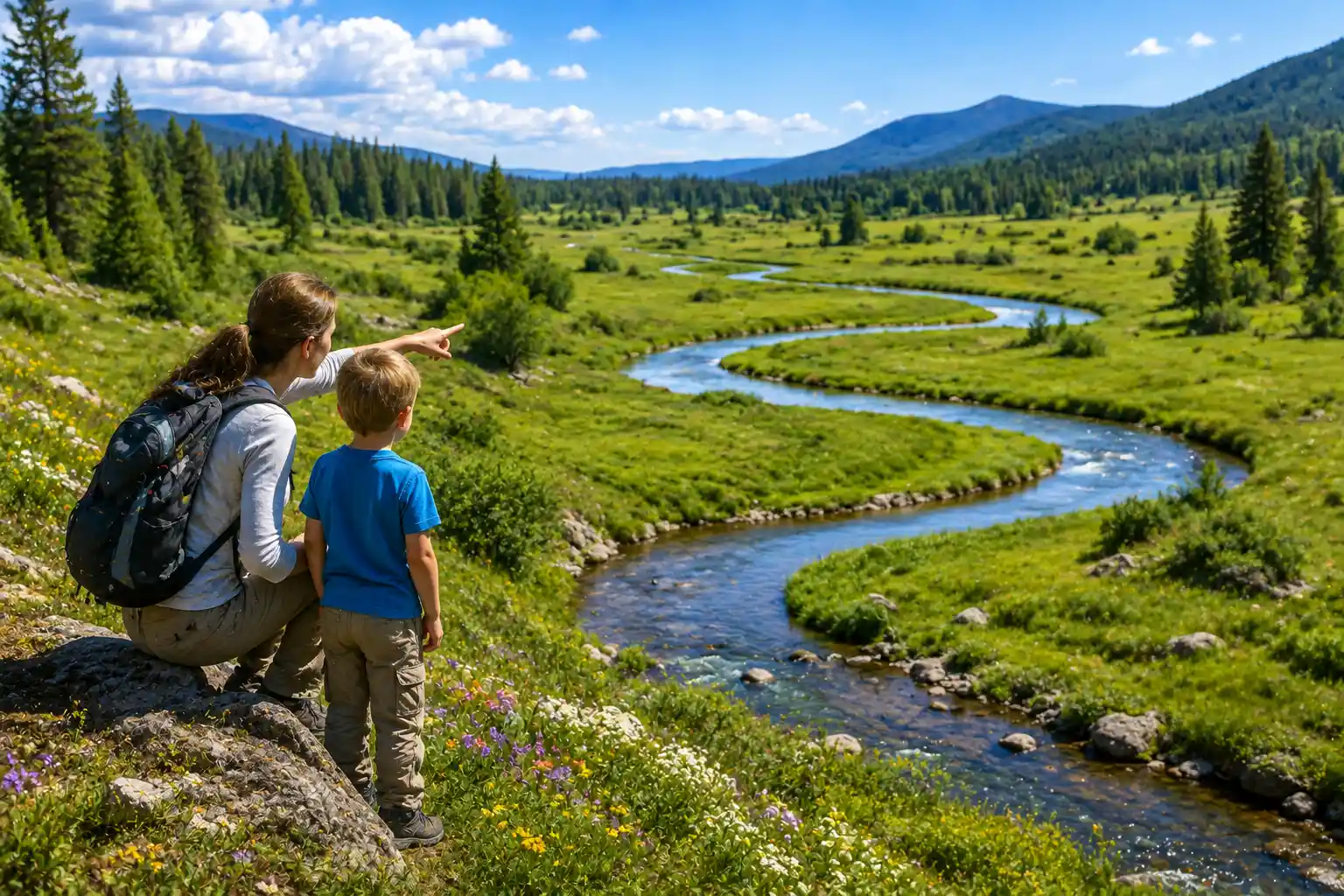 Child observing a meandering stream