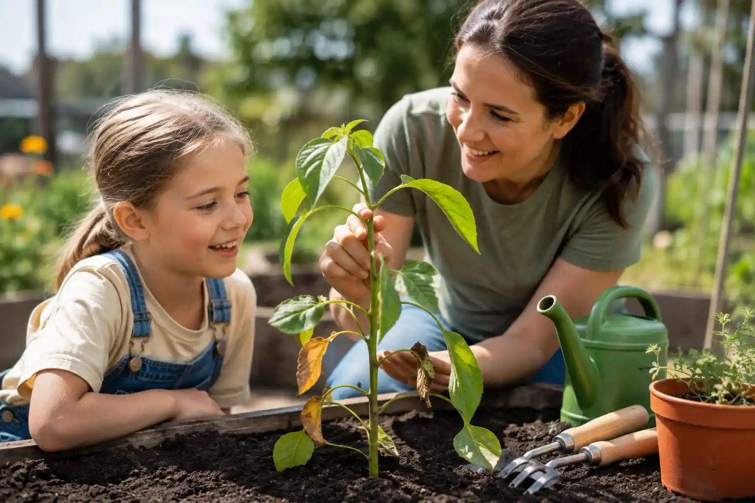 Child observing a resilient plant growing new leaves