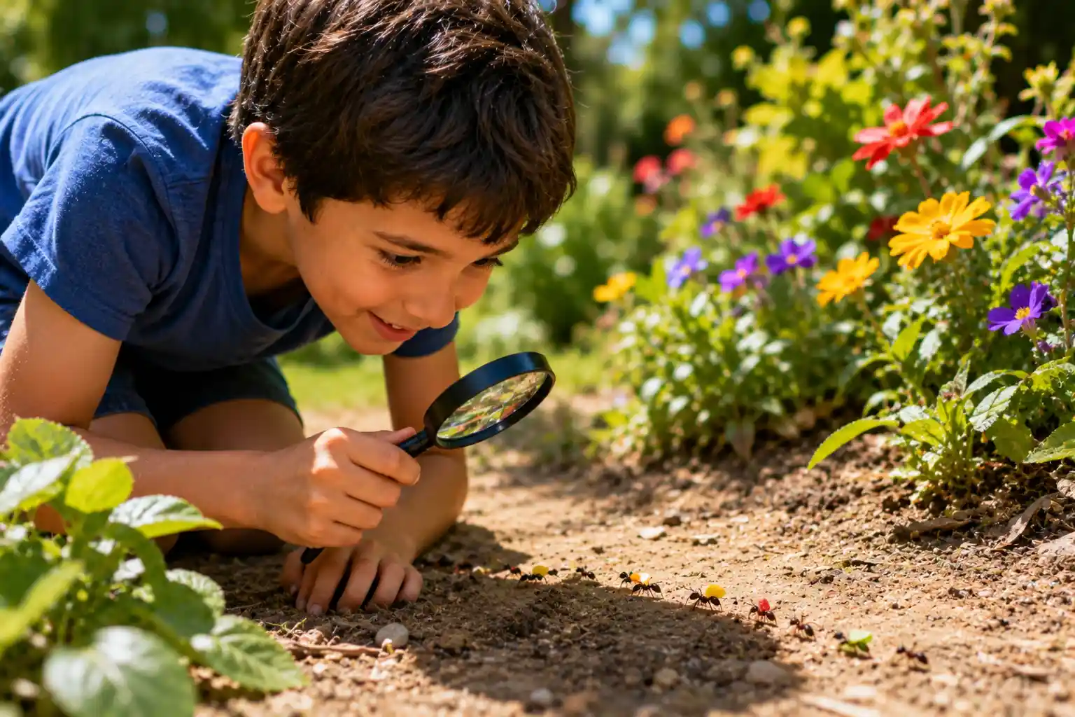 Child observing ants with a magnifying glass