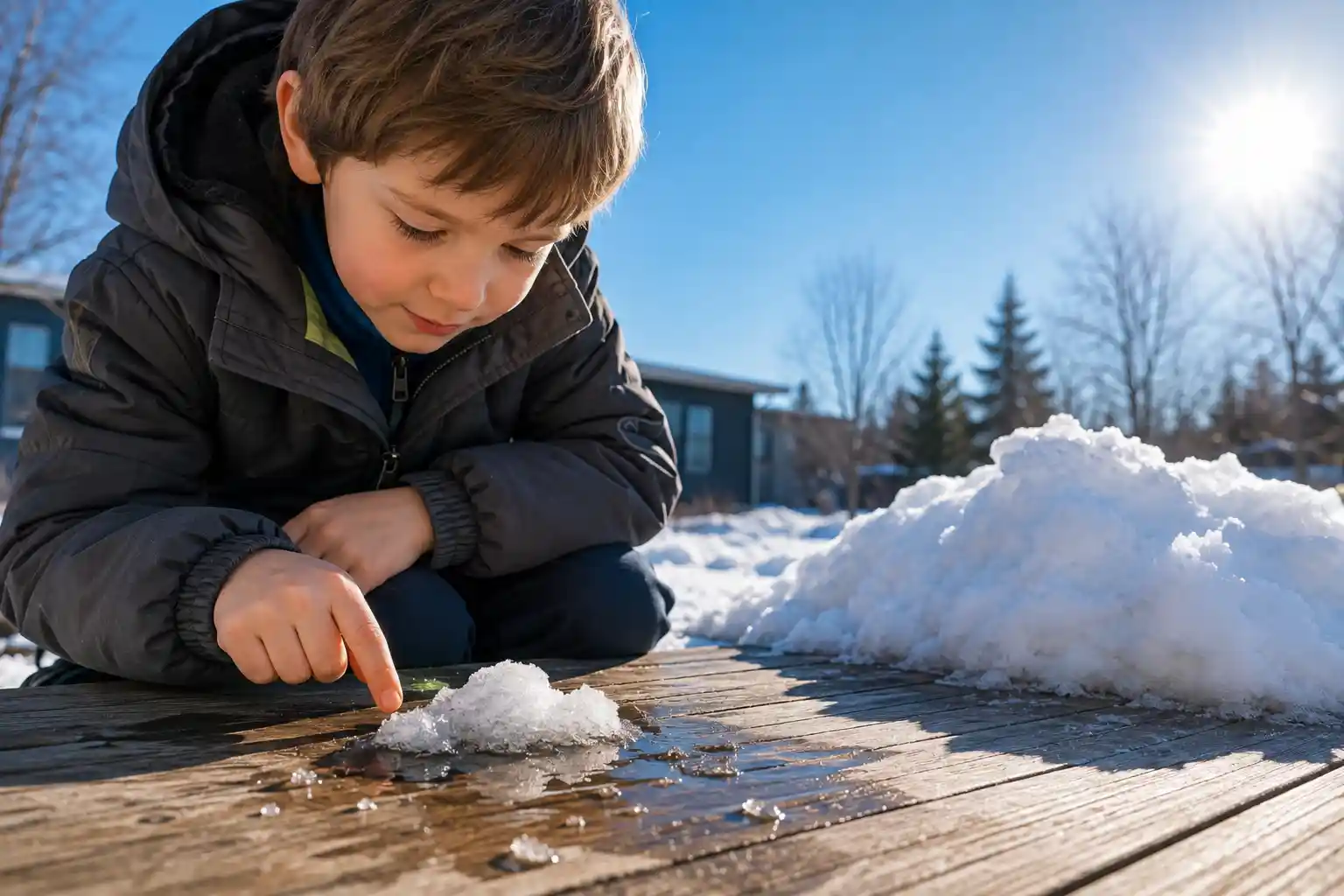 Child observing snow dwindle as it melts