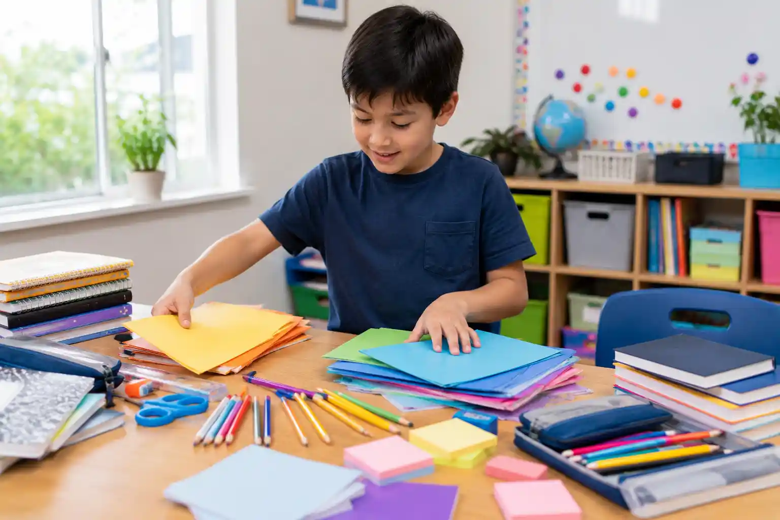 Child organizing a jumble of school supplies