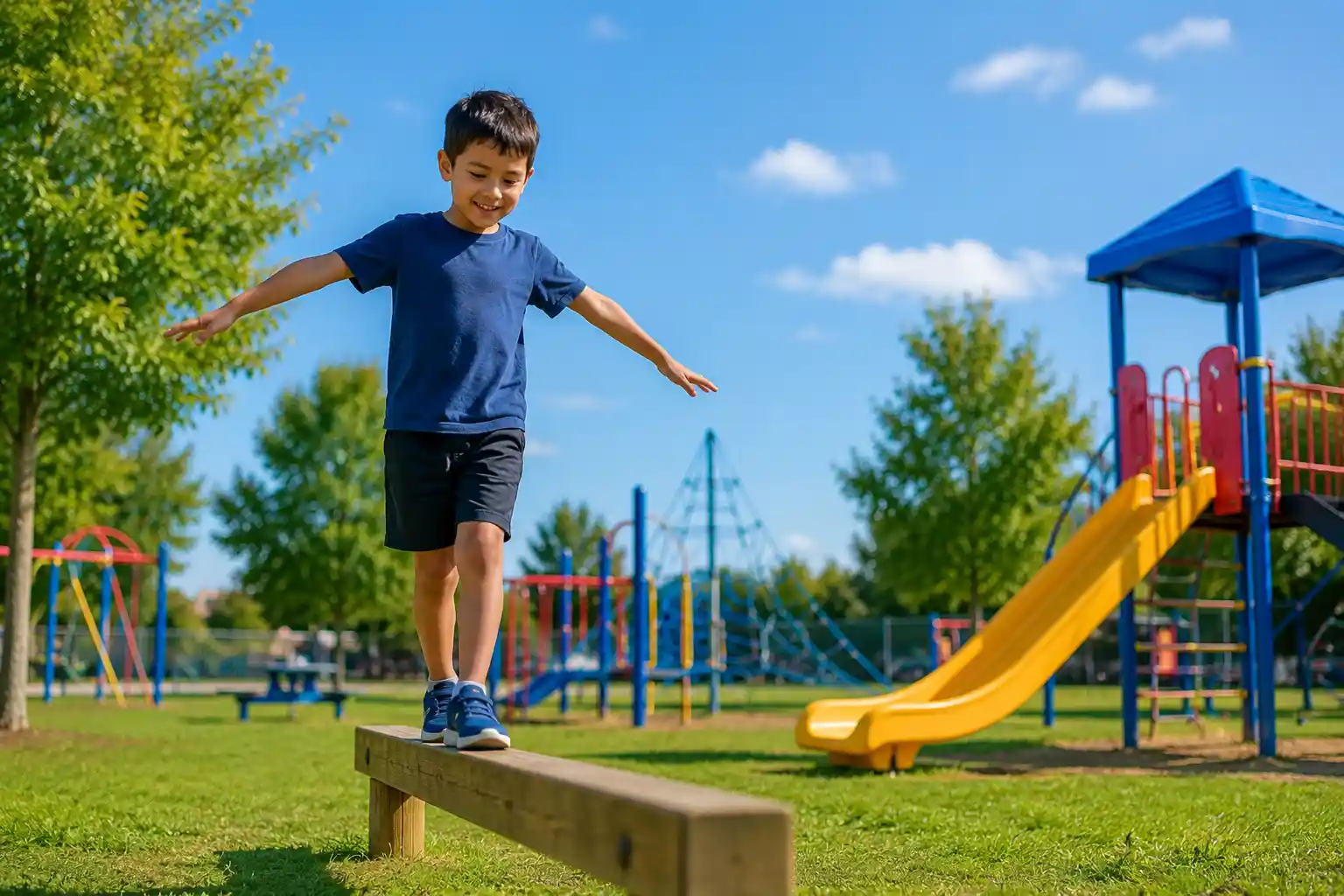 Child practicing balance on a playground beam