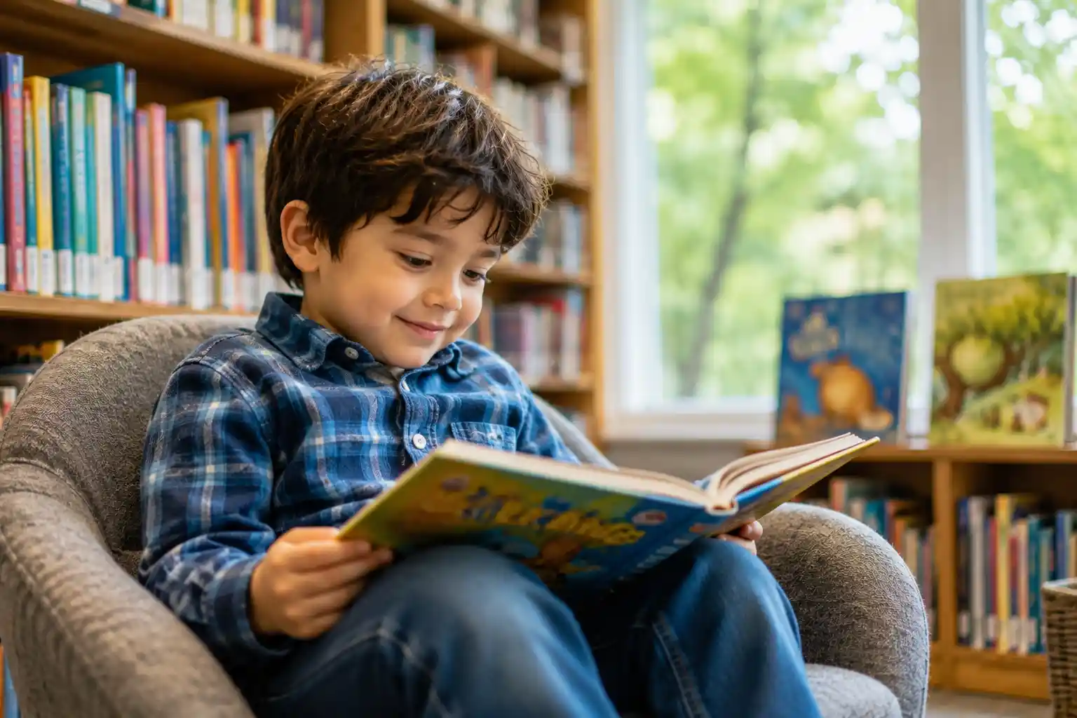 Child quietly reading a book in a library