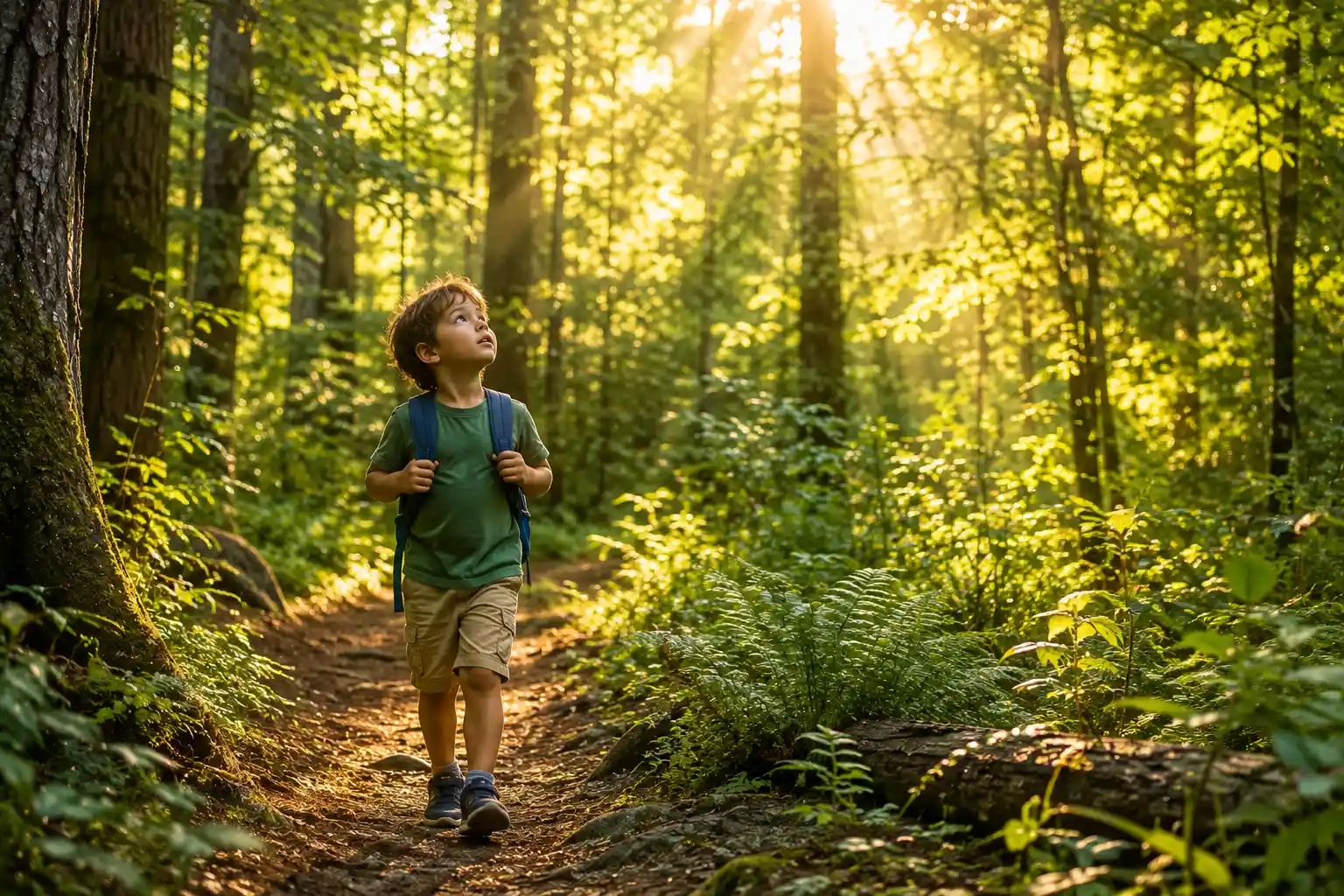 Child seeing a glimmer of sunlight through trees