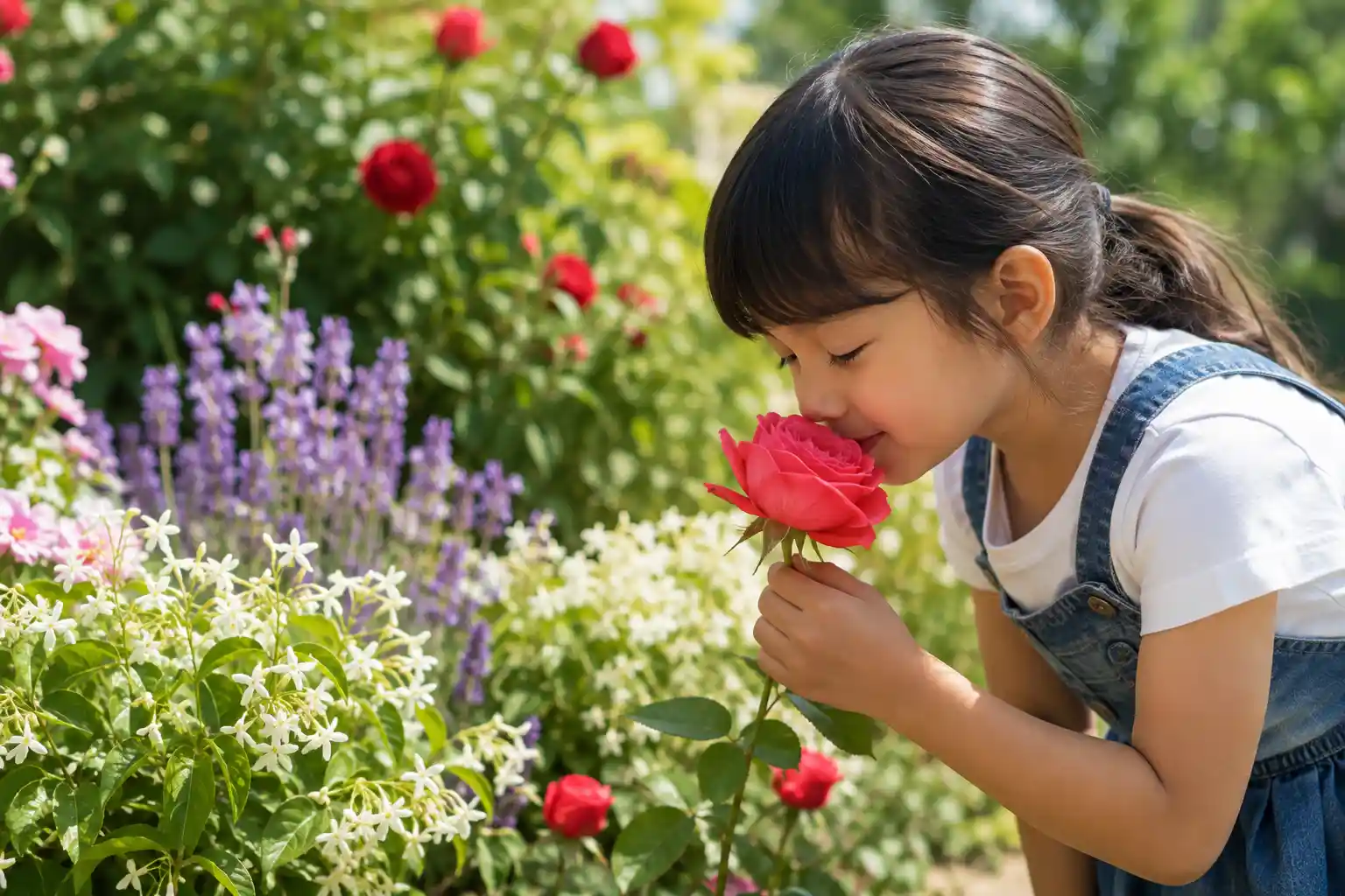 Child smelling flowers in a garden