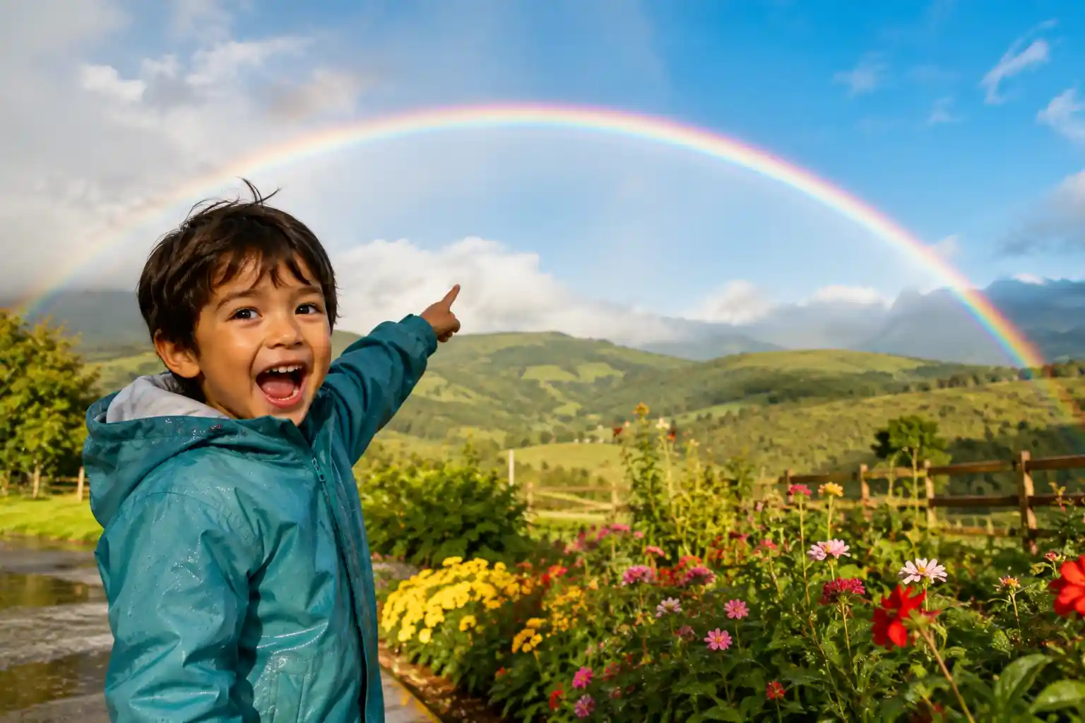 Child smiling at a rainbow