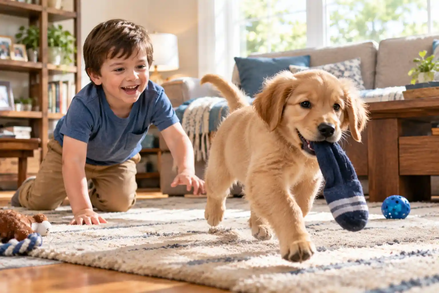 Child watching a mischievous puppy