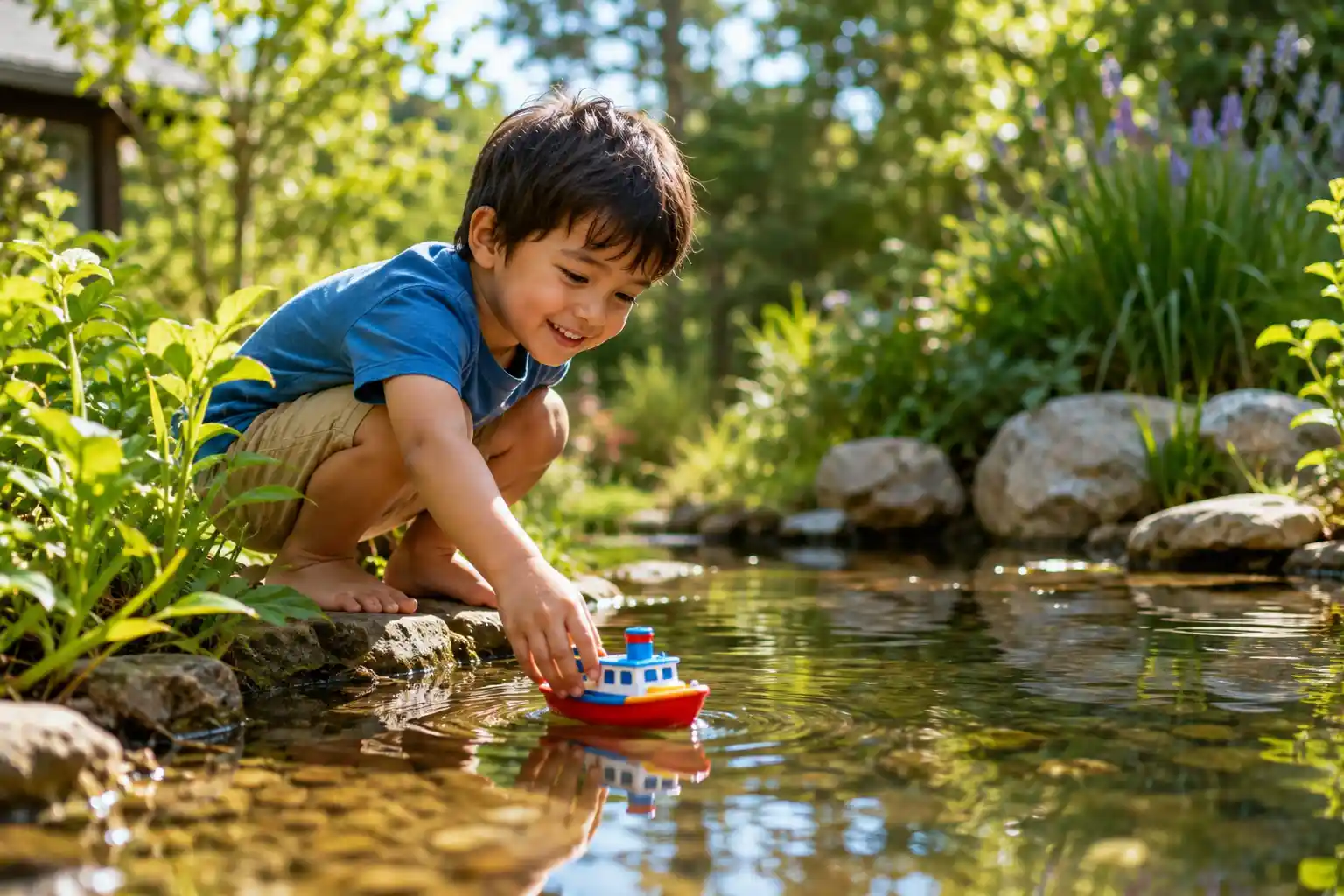 Child watching a toy boat float on water