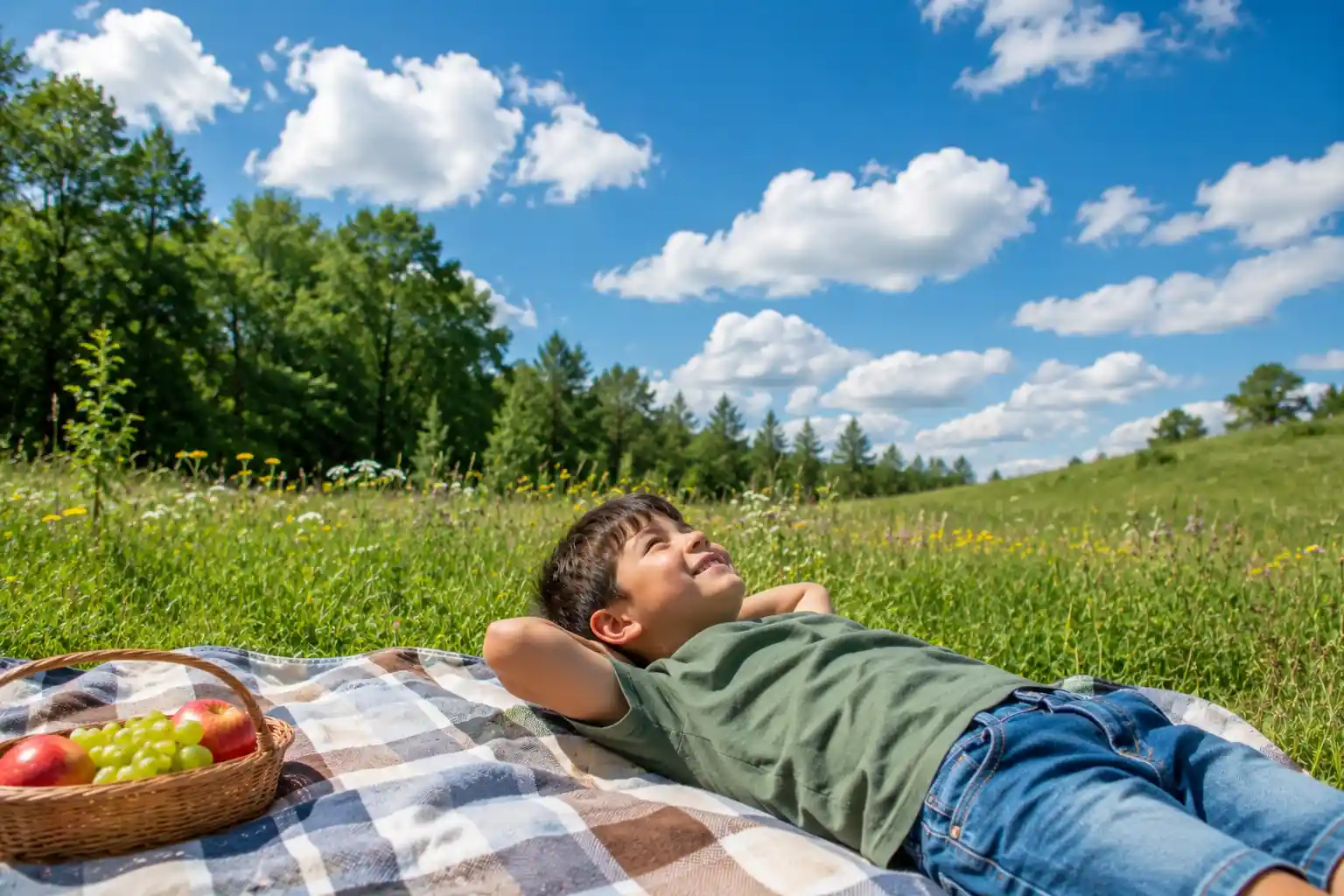 Child watching clouds drift across the sky