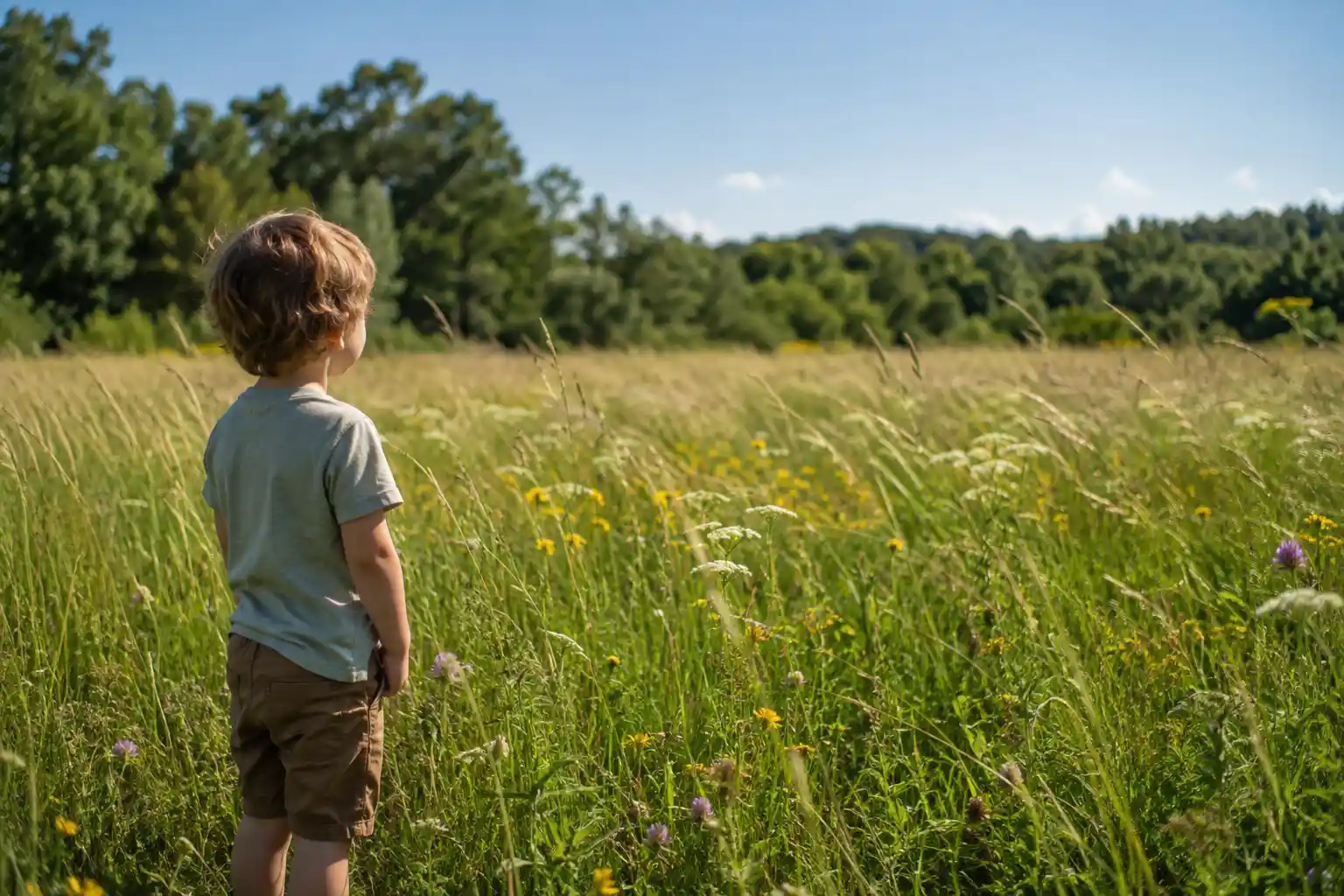 Child watching tall grass sway in the wind