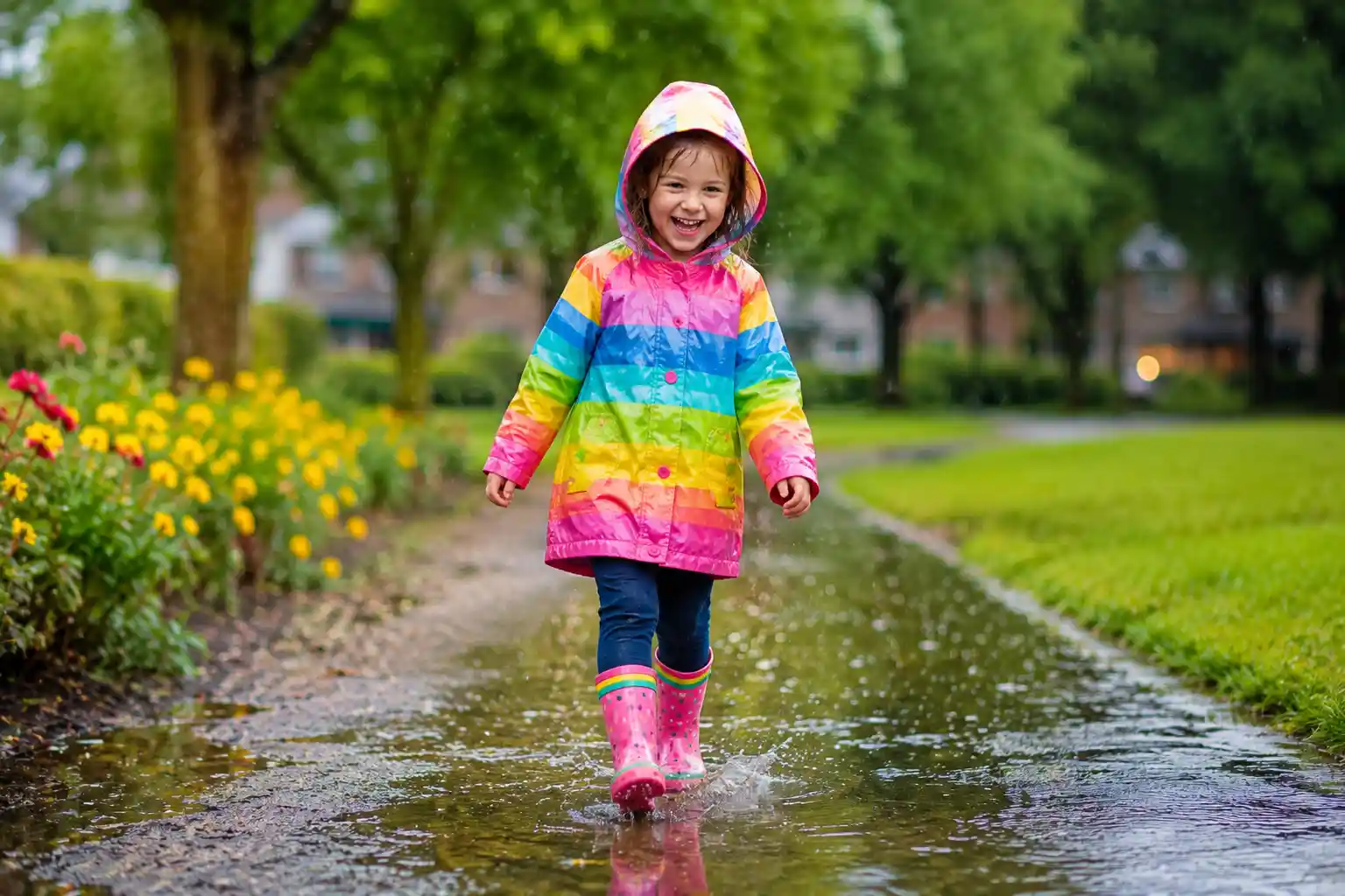 Child wearing rain boots in the rain